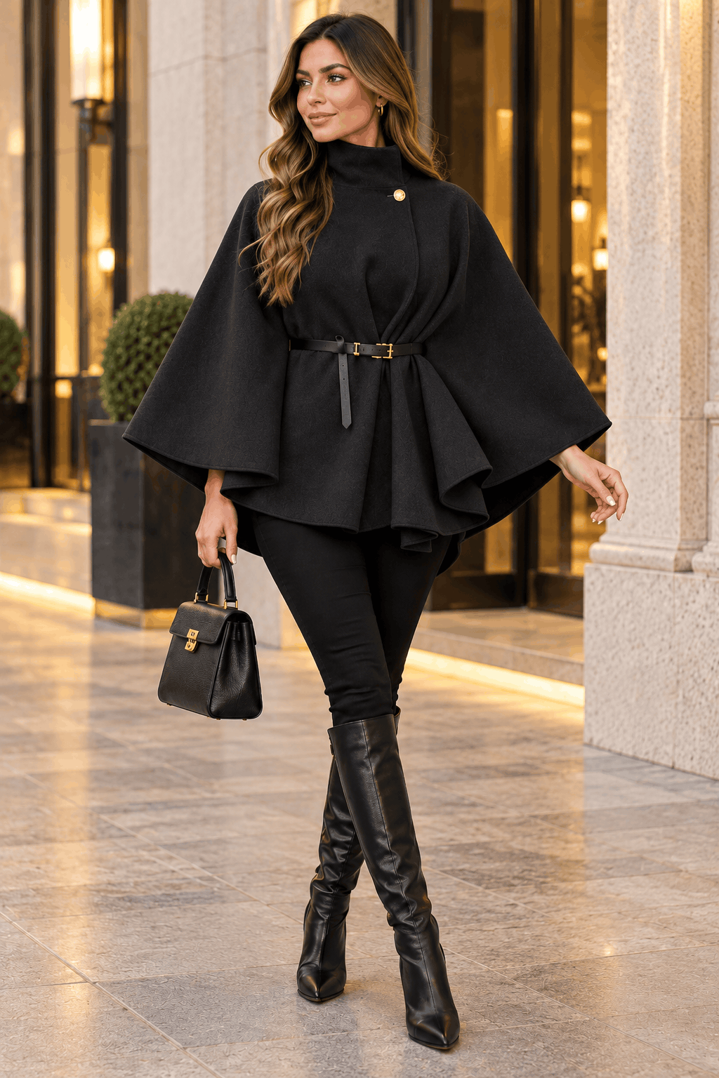 New Women Belted Poncho Cape 1 button up Coat Winter High Neck Top in One size