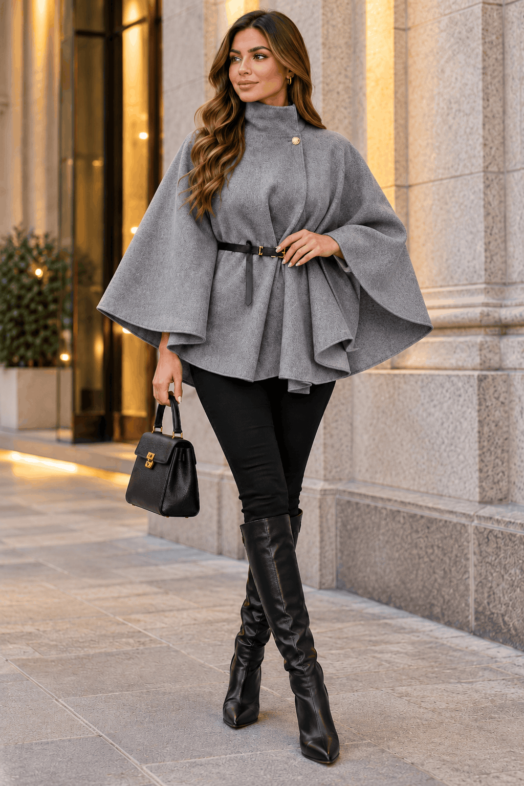 New Women Belted Poncho Cape 1 button up Coat Winter High Neck Top in One size