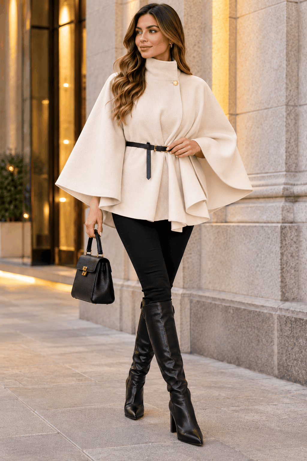New Women Belted Poncho Cape 1 button up Coat Winter High Neck Top in One size