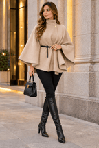 New Women Belted Poncho Cape 1 button up Coat Winter High Neck Top in One size