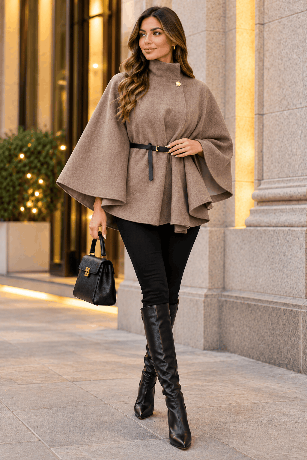 New Women Belted Poncho Cape 1 button up Coat Winter High Neck Top in One size