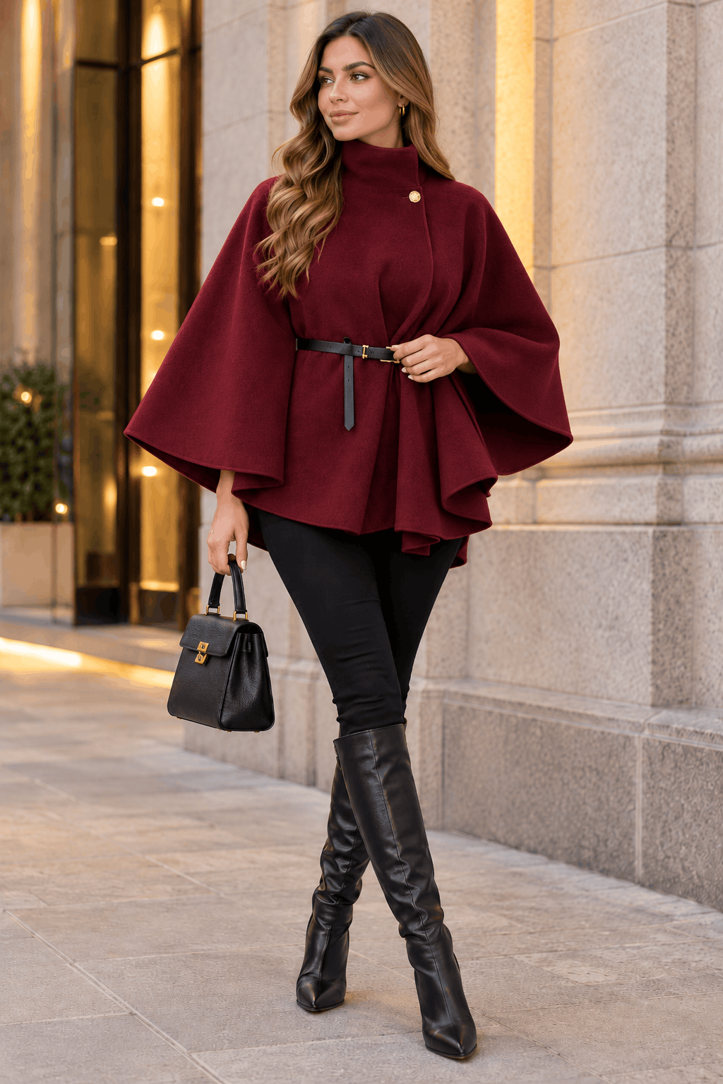 New Women Belted Poncho Cape 1 button up Coat Winter High Neck Top in One size