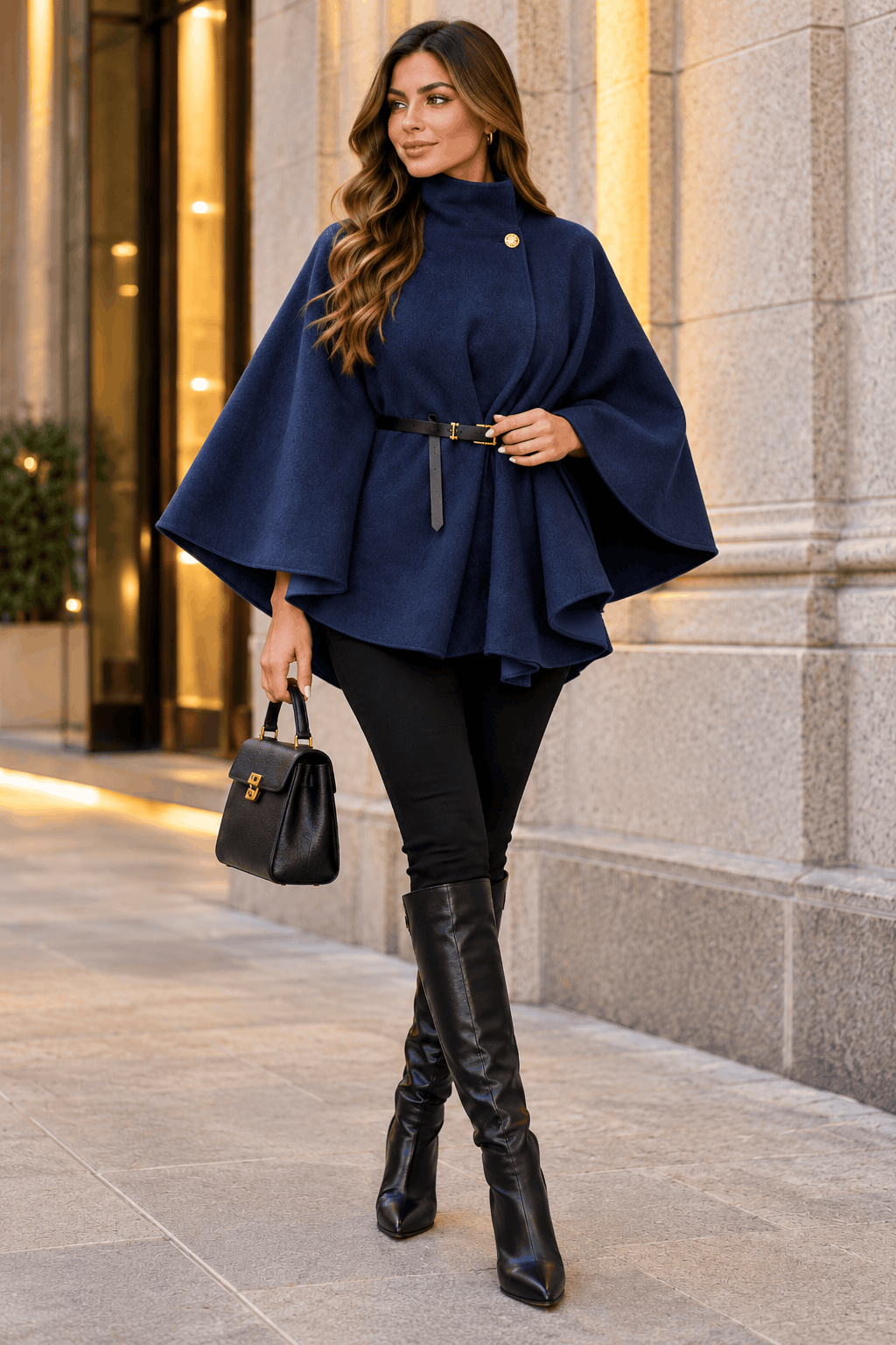 New Women Belted Poncho Cape 1 button up Coat Winter High Neck Top in One size