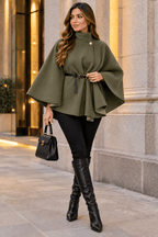 New Women Belted Poncho Cape 1 button up Coat Winter High Neck Top in One size
