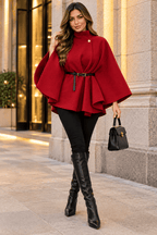 New Women Belted Poncho Cape 1 button up Coat Winter High Neck Top in One size