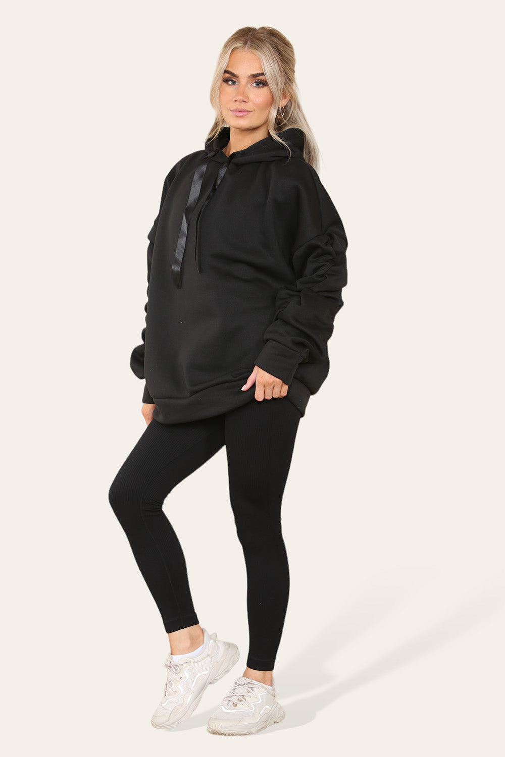 Oversized Ruched Sleeves Hoodie With Satin Ribbon with High Waist High Rise Seamless Ribbed Legging Set - AX Labels