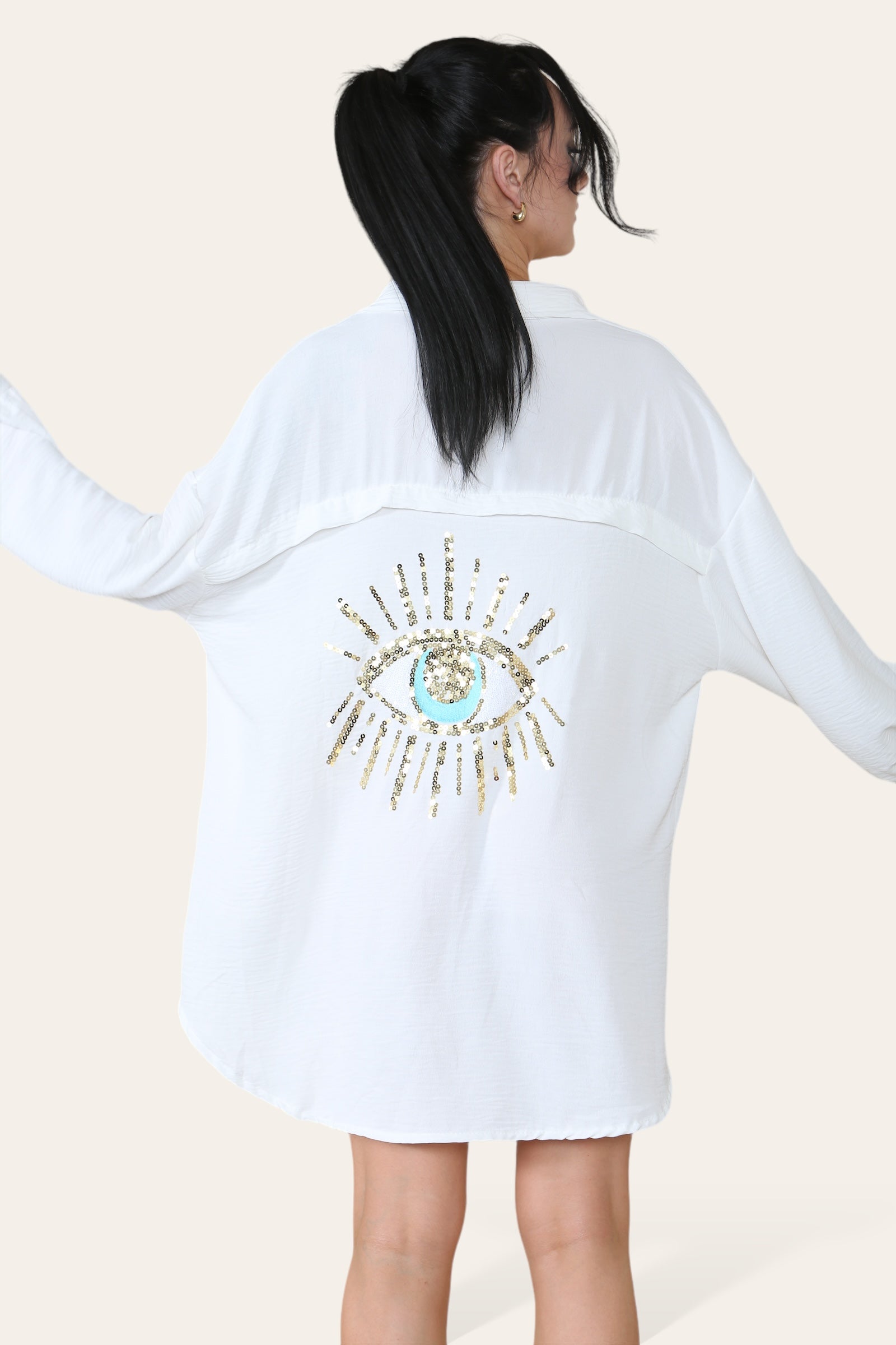 Oversized Long Sleeve Gold Sequin Eye Button Up Shirt - AX Labels