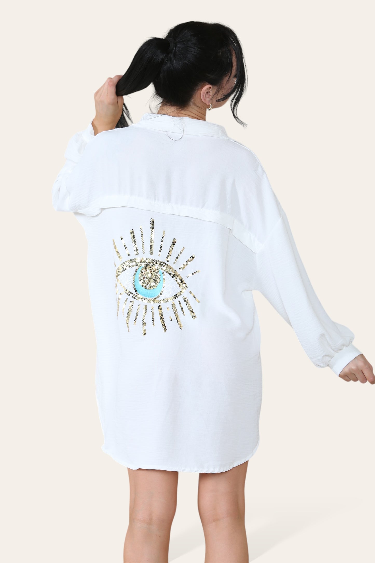 Oversized Long Sleeve Gold Sequin Eye Button Up Shirt - AX Labels