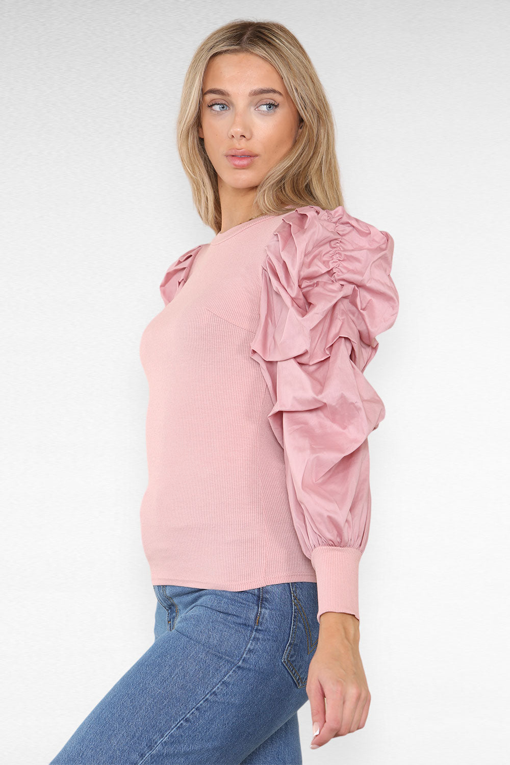 Oversized Puff Sleeves Ribbed Top - AX Labels