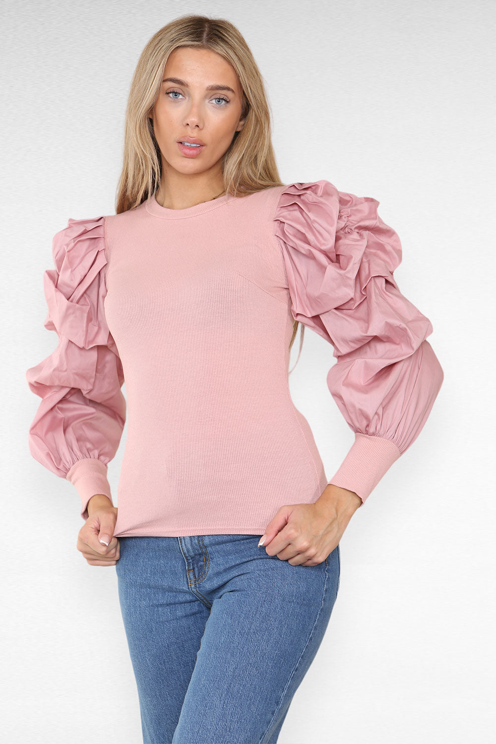 Oversized Puff Sleeves Ribbed Top - AX Labels