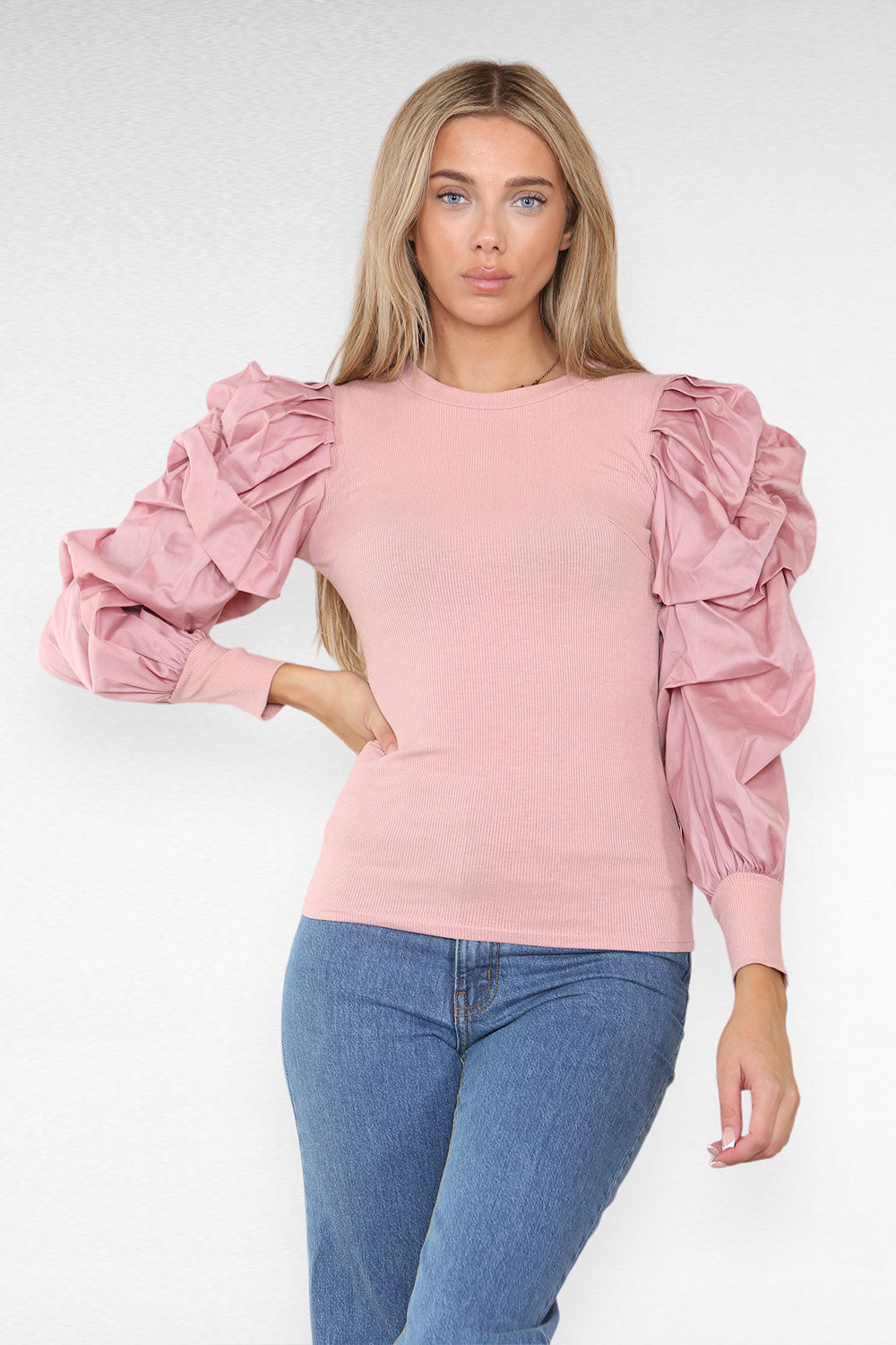 Oversized Puff Sleeves Ribbed Top - AX Labels