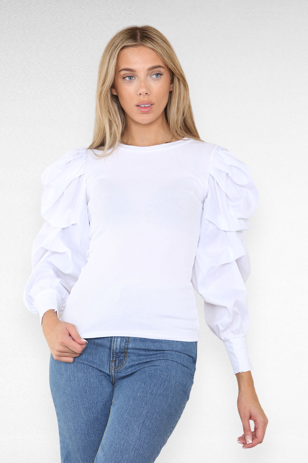 Oversized Puff Sleeves Ribbed Top - AX Labels