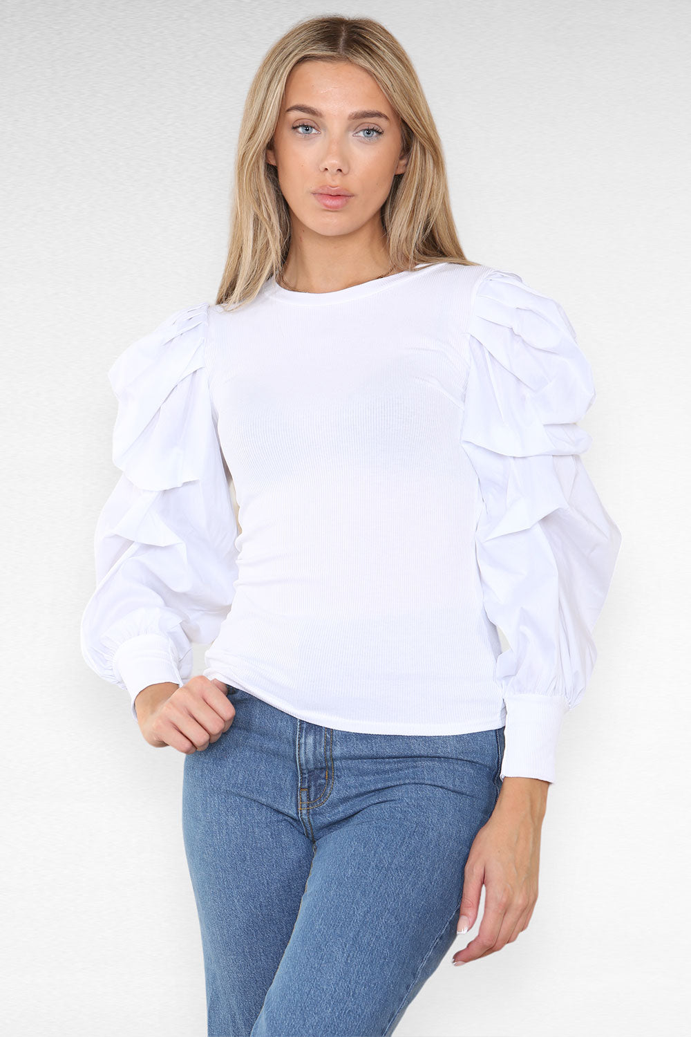 Oversized Puff Sleeves Ribbed Top - AX Labels