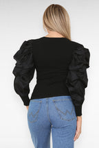 Oversized Puff Sleeves Ribbed Top - AX Labels