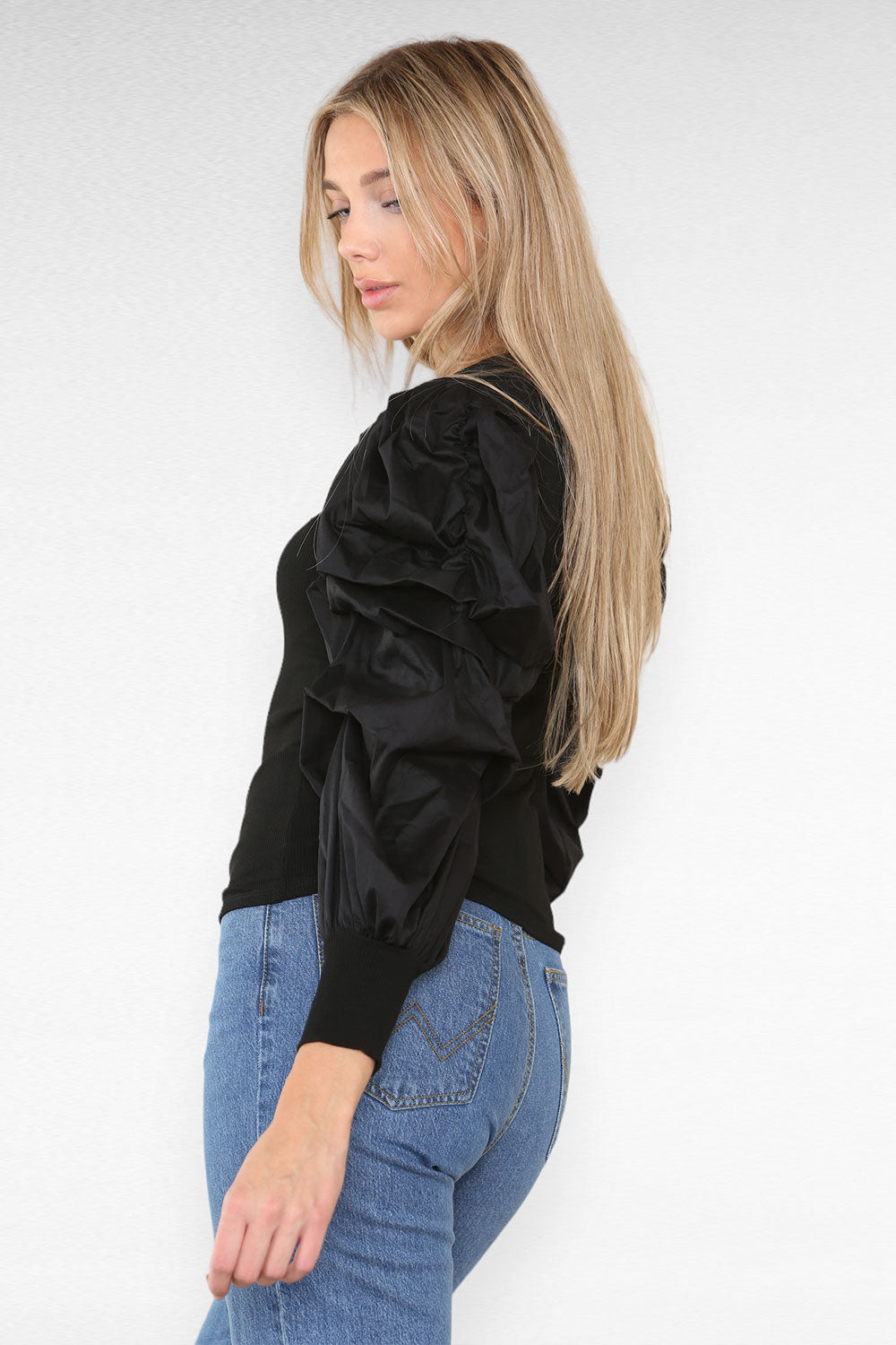 Oversized Puff Sleeves Ribbed Top - AX Labels