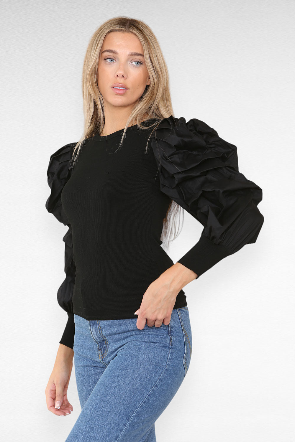 Oversized Puff Sleeves Ribbed Top - AX Labels