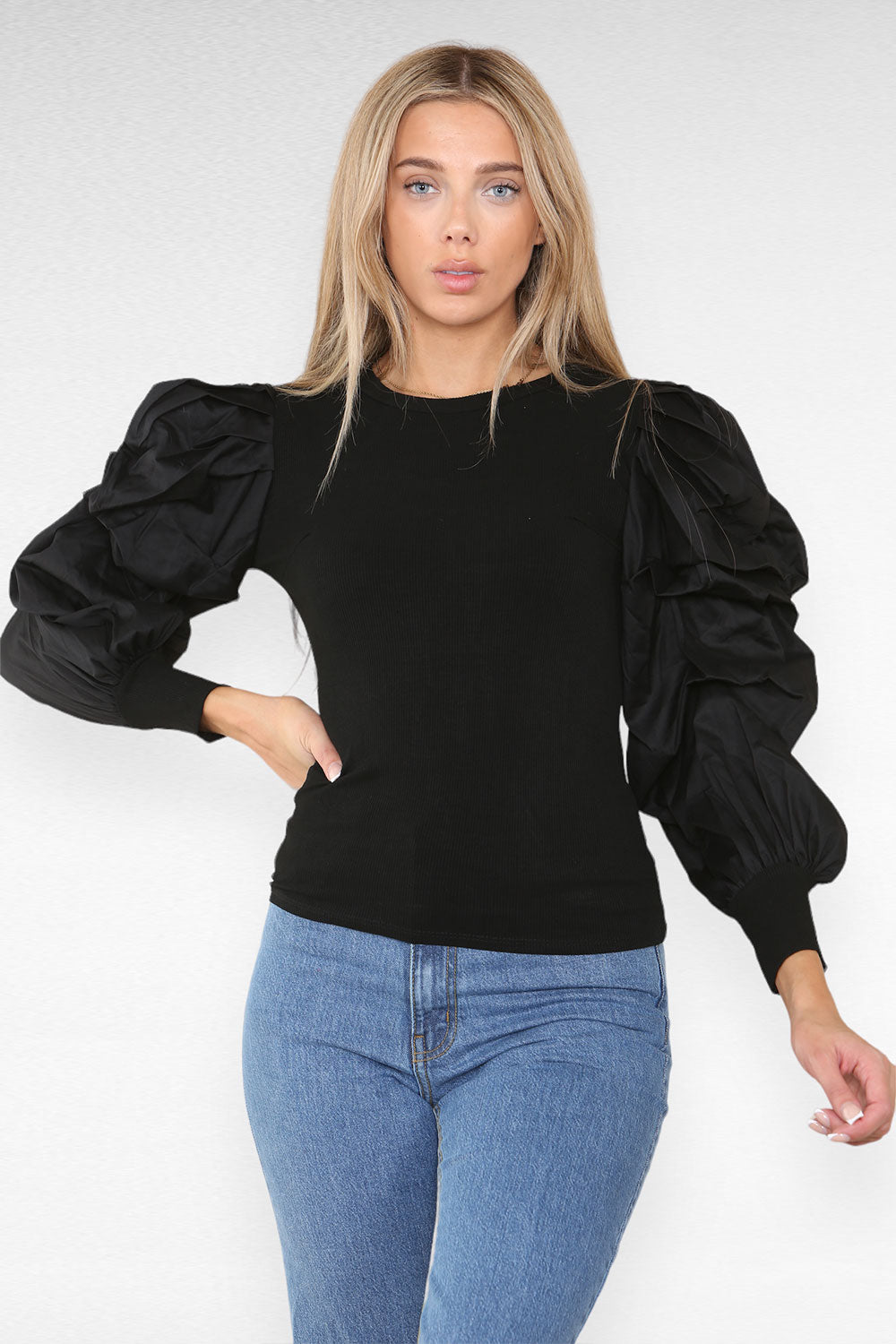 Oversized Puff Sleeves Ribbed Top - AX Labels