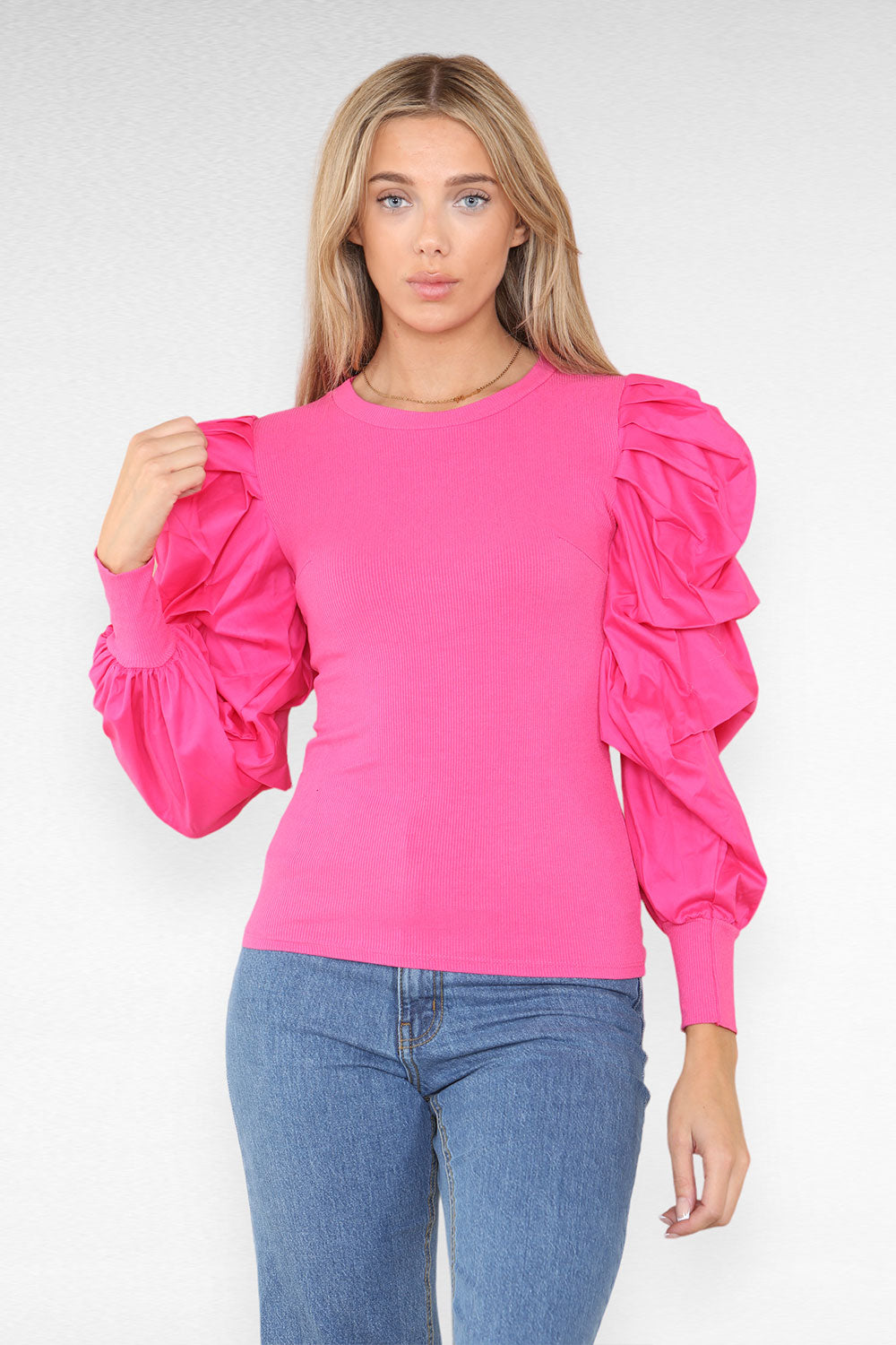 Oversized Puff Sleeves Ribbed Top - AX Labels