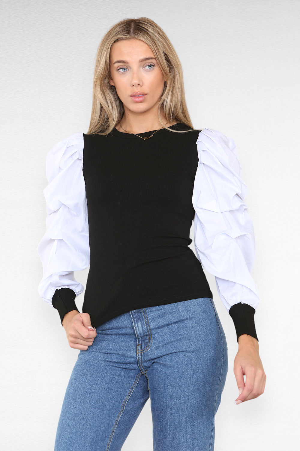 Oversized Puff Sleeves Ribbed Top - AX Labels