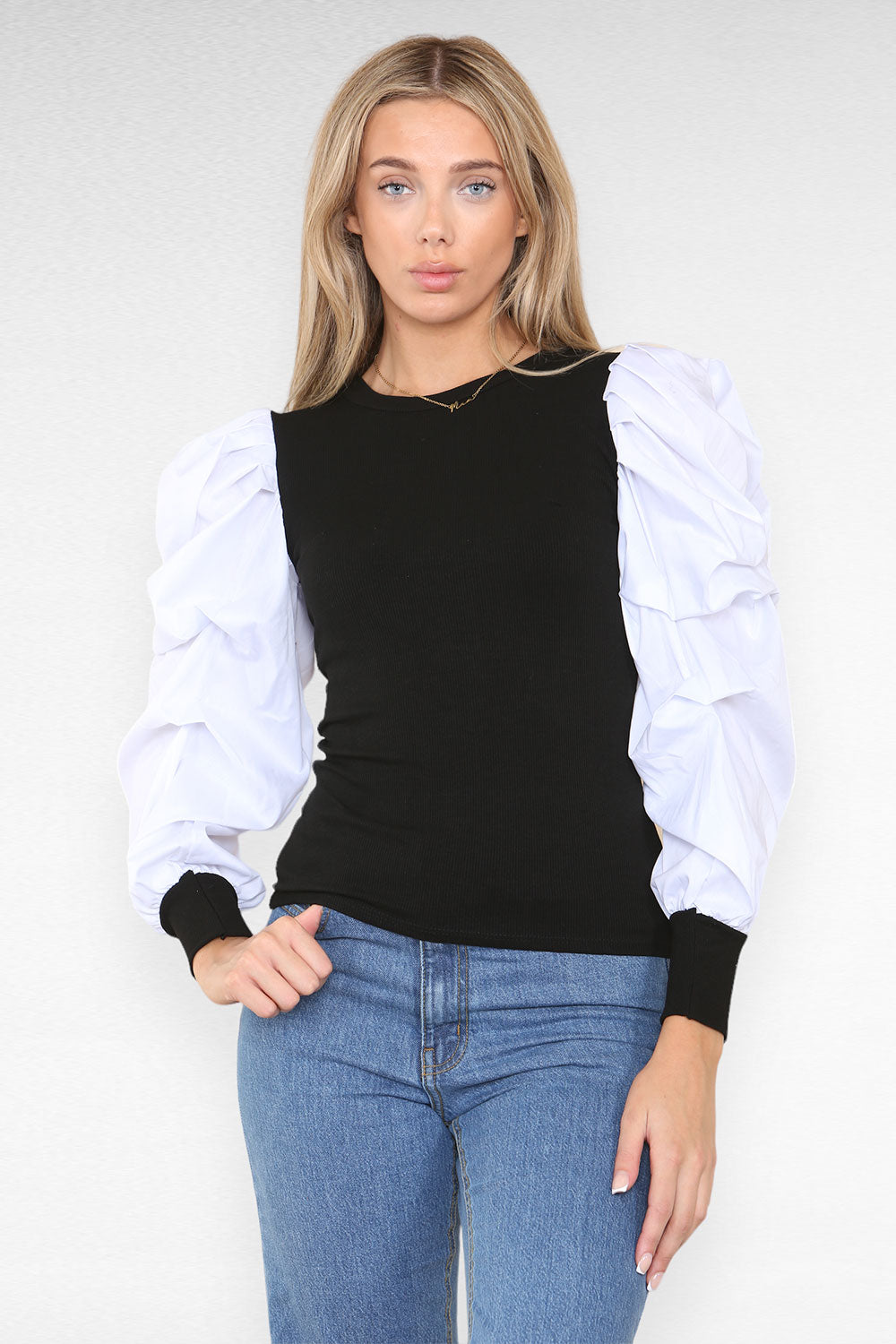 Oversized Puff Sleeves Ribbed Top - AX Labels