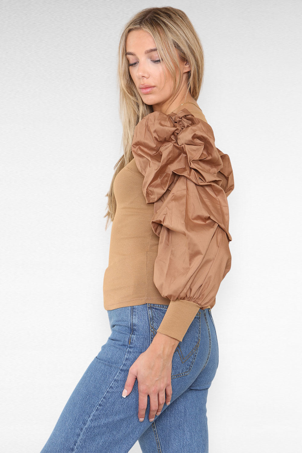 Oversized Puff Sleeves Ribbed Top - AX Labels