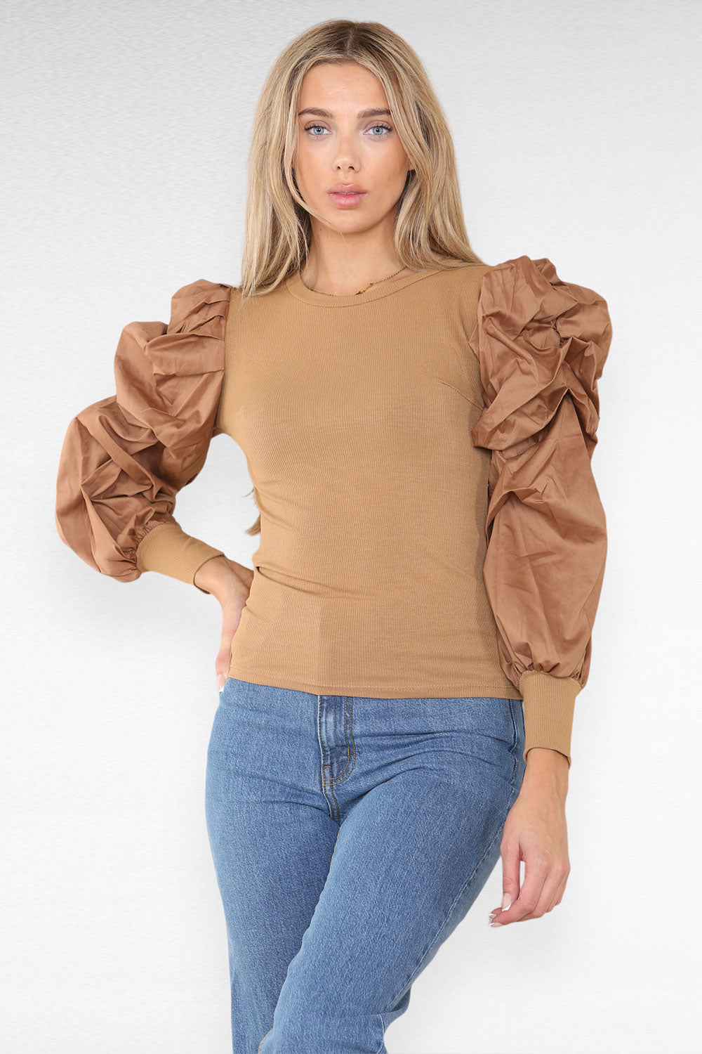 Oversized Puff Sleeves Ribbed Top - AX Labels