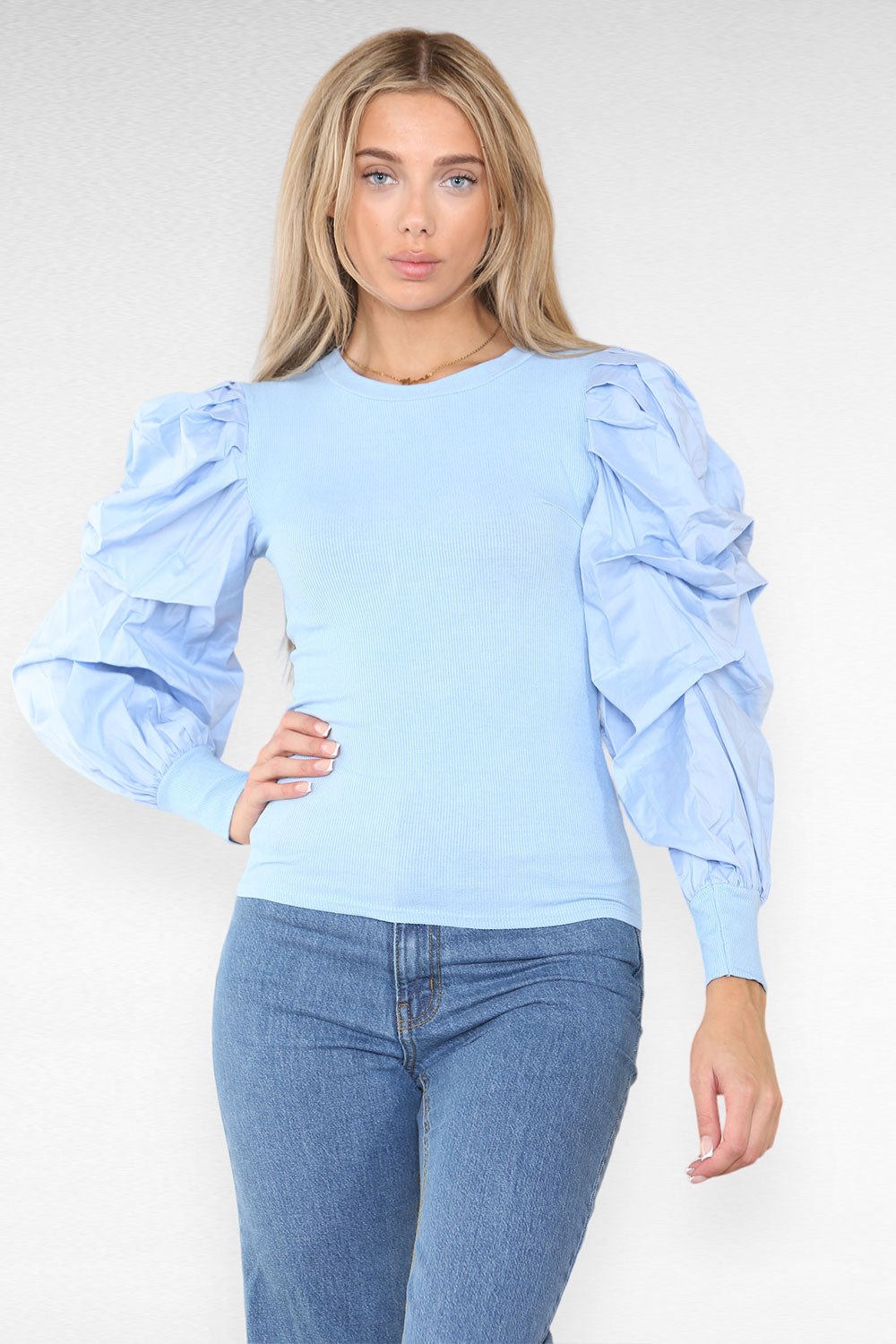 Oversized Puff Sleeves Ribbed Top - AX Labels