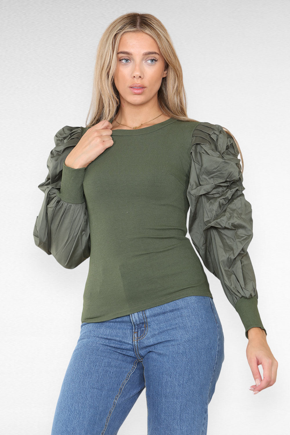 Oversized Puff Sleeves Ribbed Top - AX Labels