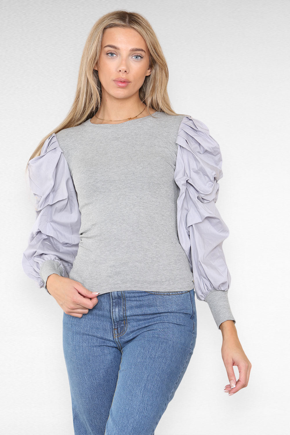 Oversized Puff Sleeves Ribbed Top - AX Labels