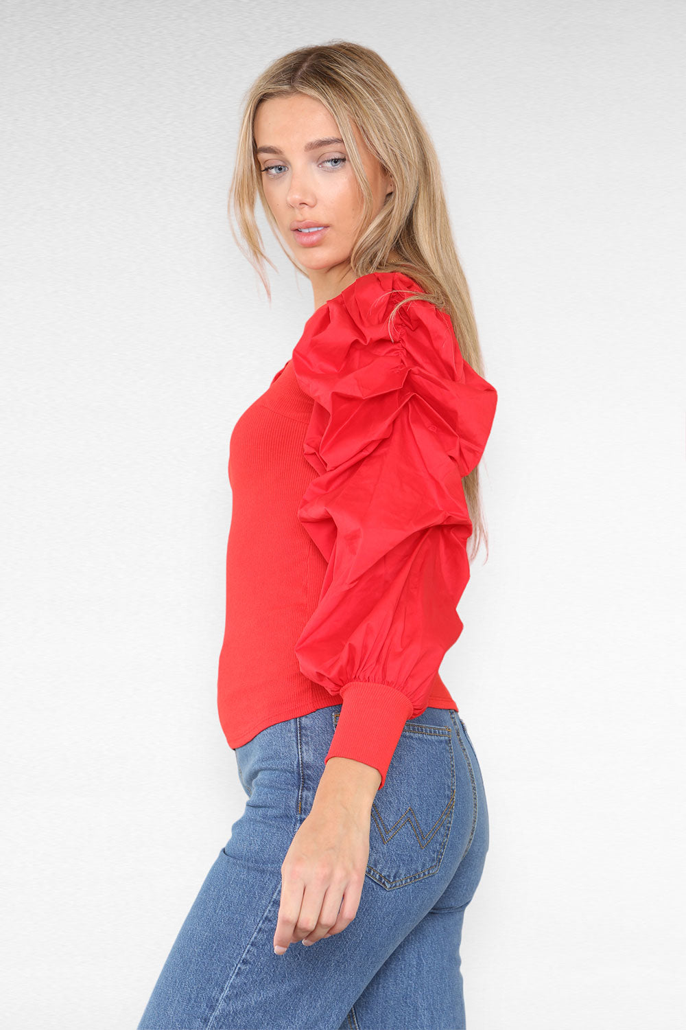 Oversized Puff Sleeves Ribbed Top - AX Labels