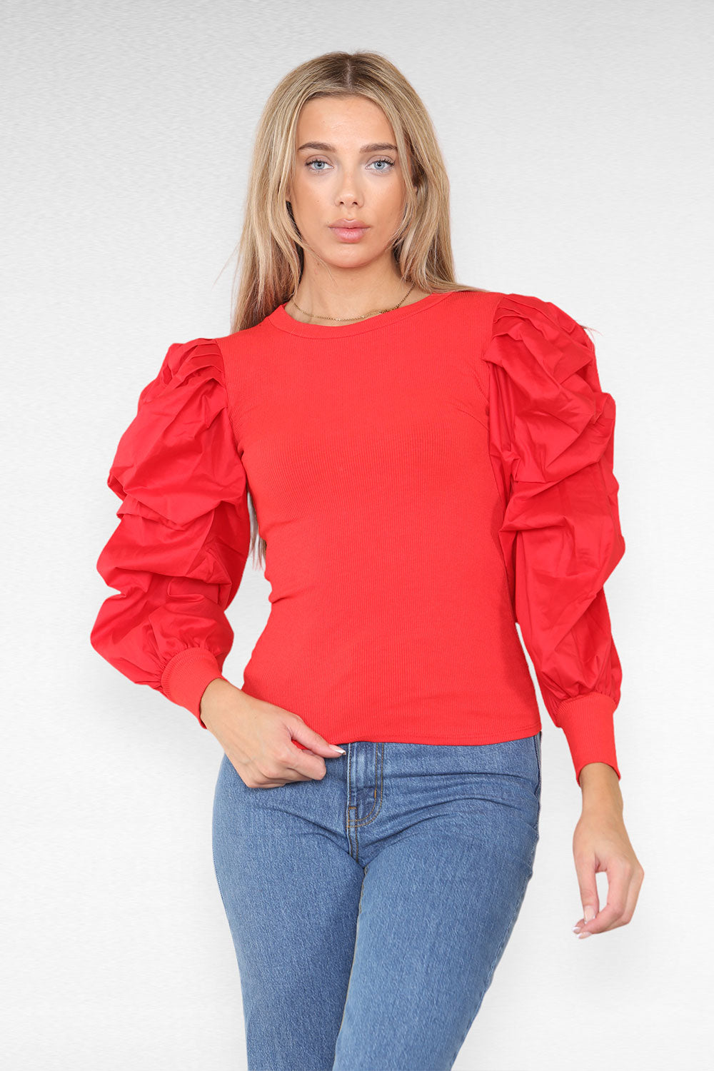 Oversized Puff Sleeves Ribbed Top - AX Labels