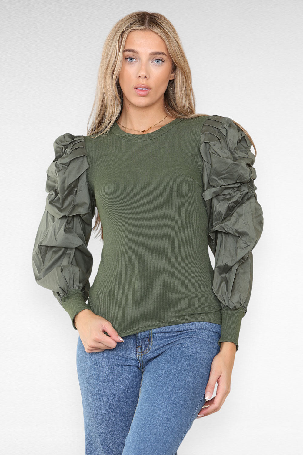 Oversized Puff Sleeves Ribbed Top - AX Labels