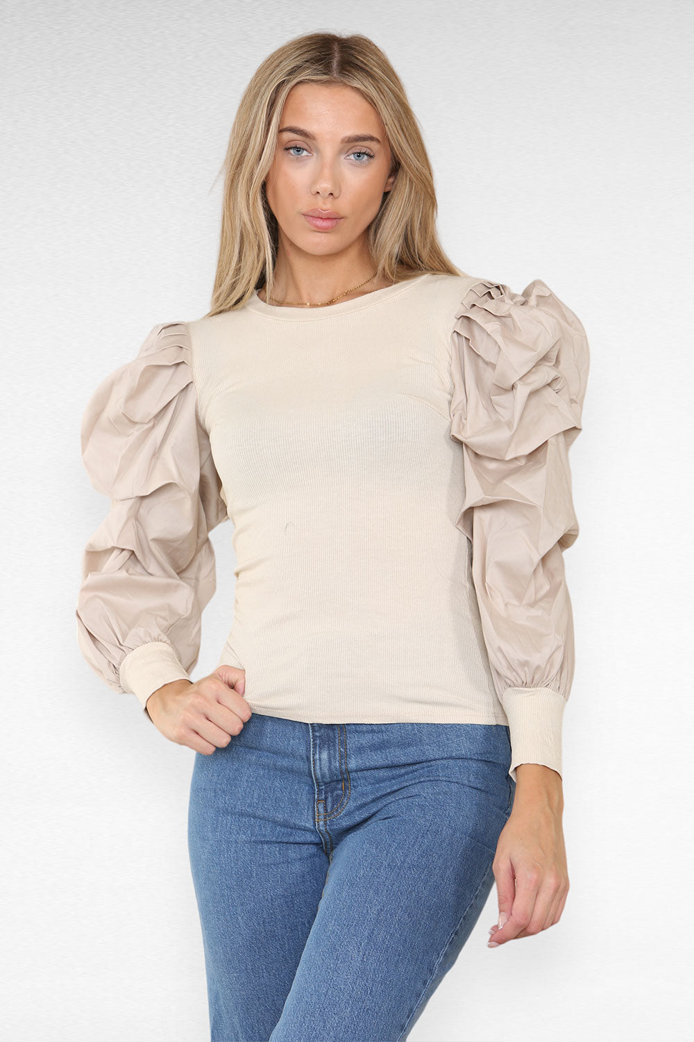 Oversized Puff Sleeves Ribbed Top - AX Labels