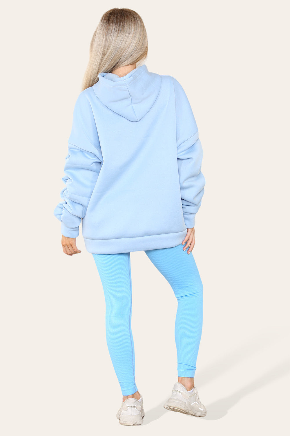 Oversized Ruched Sleeves Hoodie With Satin Ribbon with High Waist High Rise Seamless Ribbed Legging Set - AX Labels