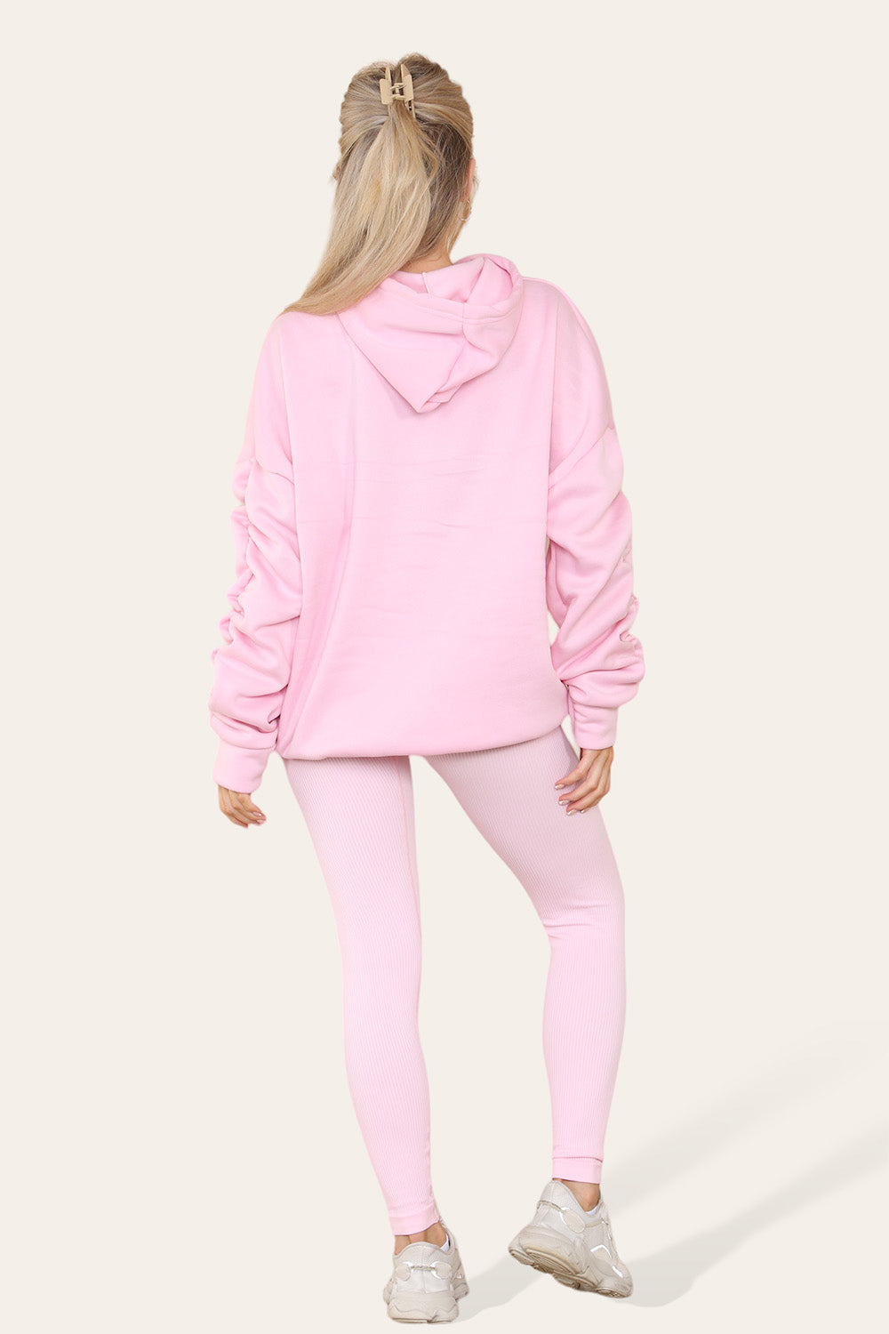 Oversized Ruched Sleeves Hoodie With Satin Ribbon with High Waist High Rise Seamless Ribbed Legging Set - AX Labels