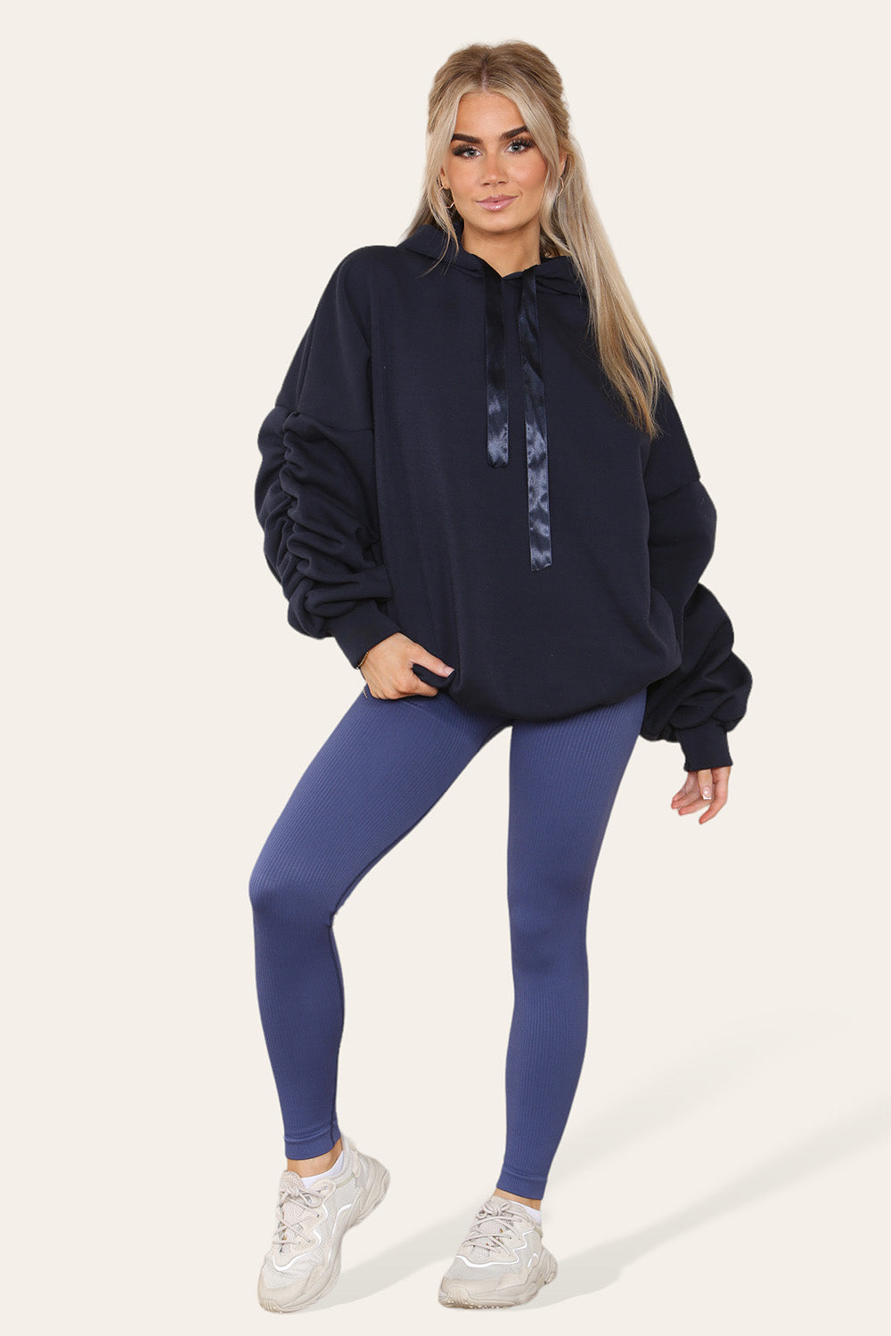 Oversized Ruched Sleeves Hoodie With Satin Ribbon with High Waist High Rise Seamless Ribbed Legging Set - AX Labels