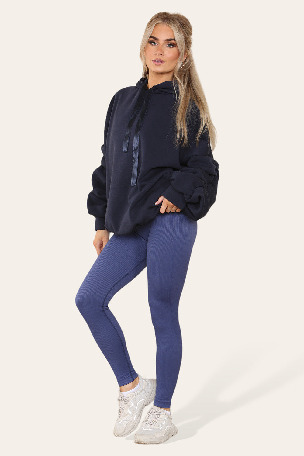 Oversized Ruched Sleeves Hoodie With Satin Ribbon with High Waist High Rise Seamless Ribbed Legging Set - AX Labels