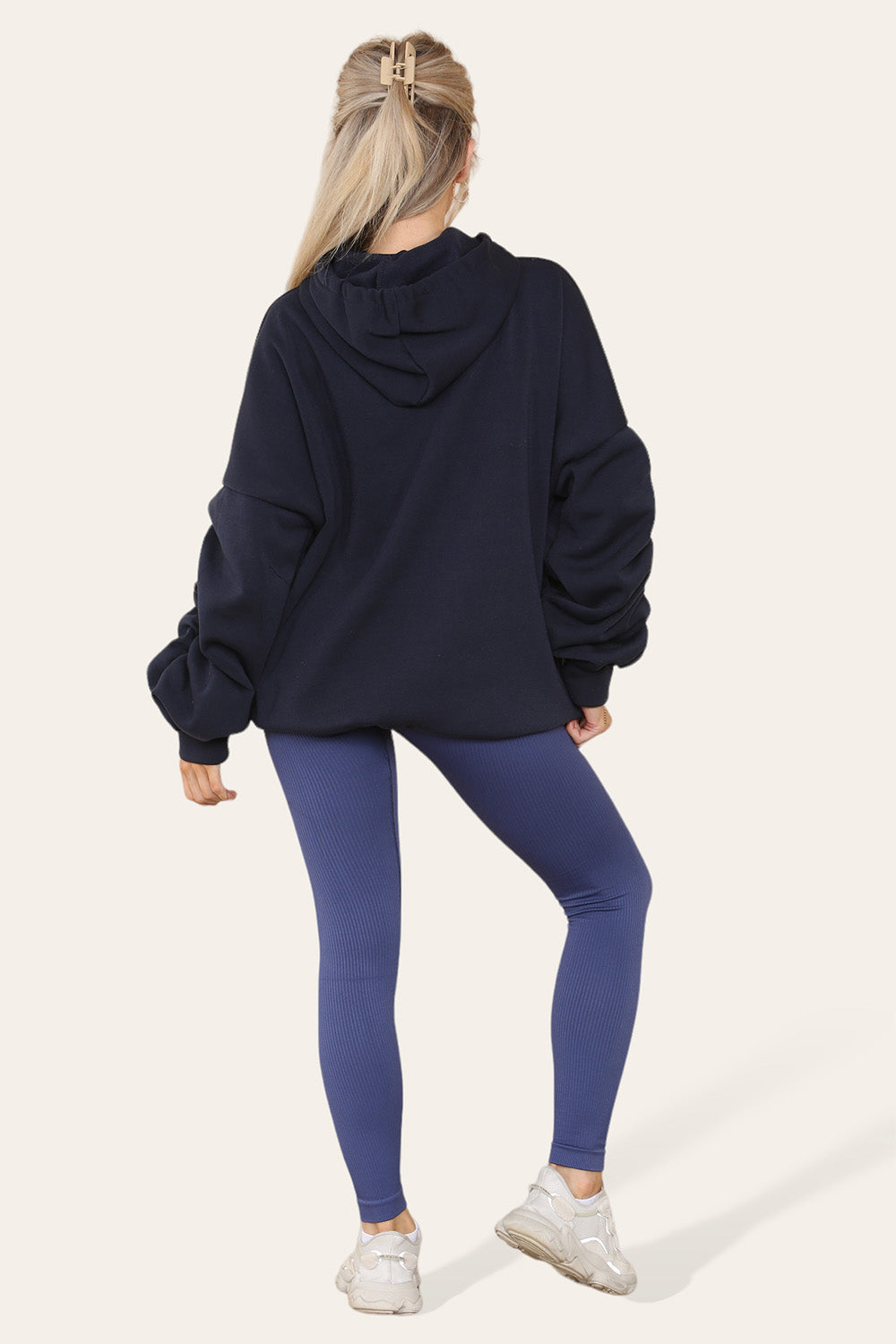 Oversized Ruched Sleeves Hoodie With Satin Ribbon with High Waist High Rise Seamless Ribbed Legging Set - AX Labels