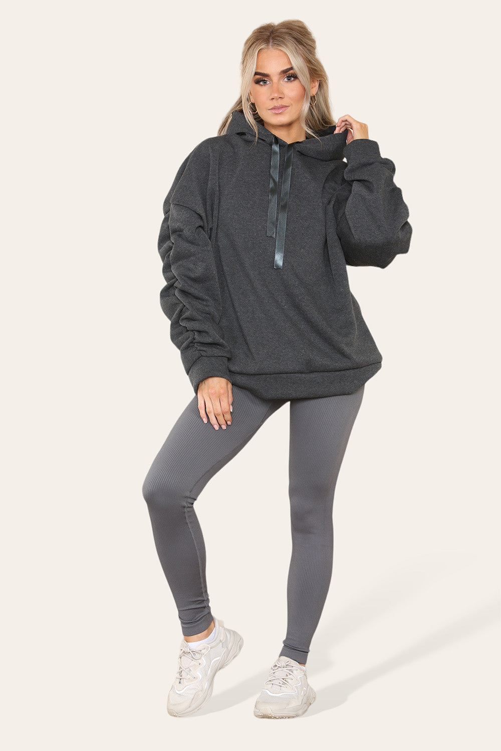 Oversized Ruched Sleeves Hoodie With Satin Ribbon with High Waist High Rise Seamless Ribbed Legging Set - AX Labels