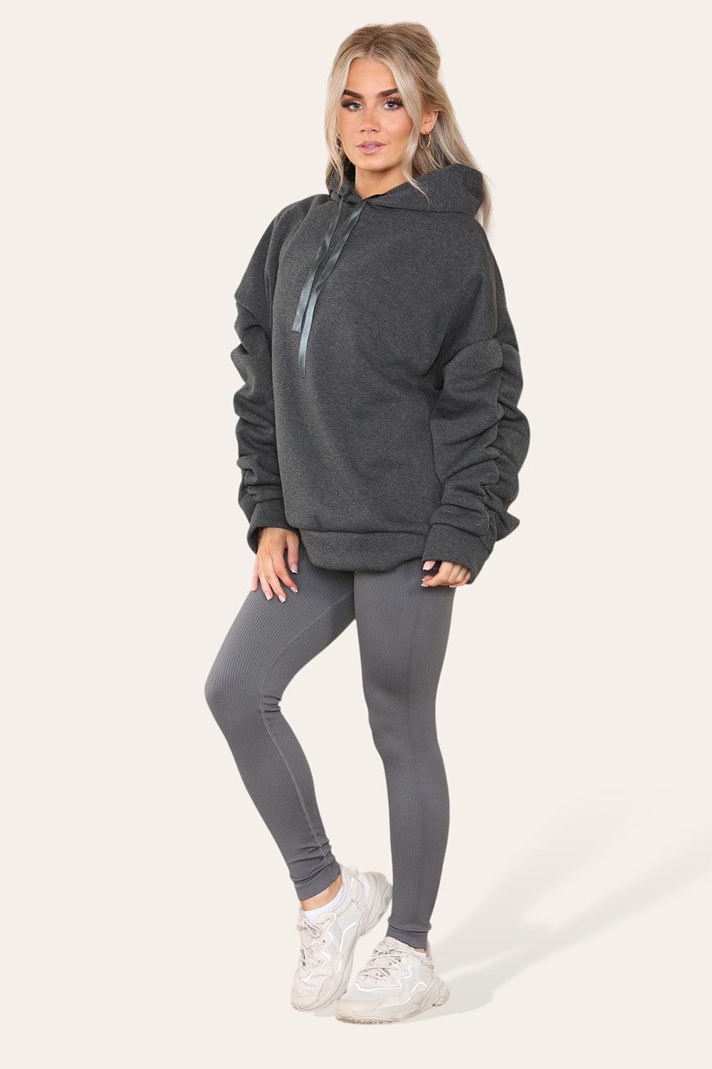 Oversized Ruched Sleeves Hoodie With Satin Ribbon with High Waist High Rise Seamless Ribbed Legging Set - AX Labels