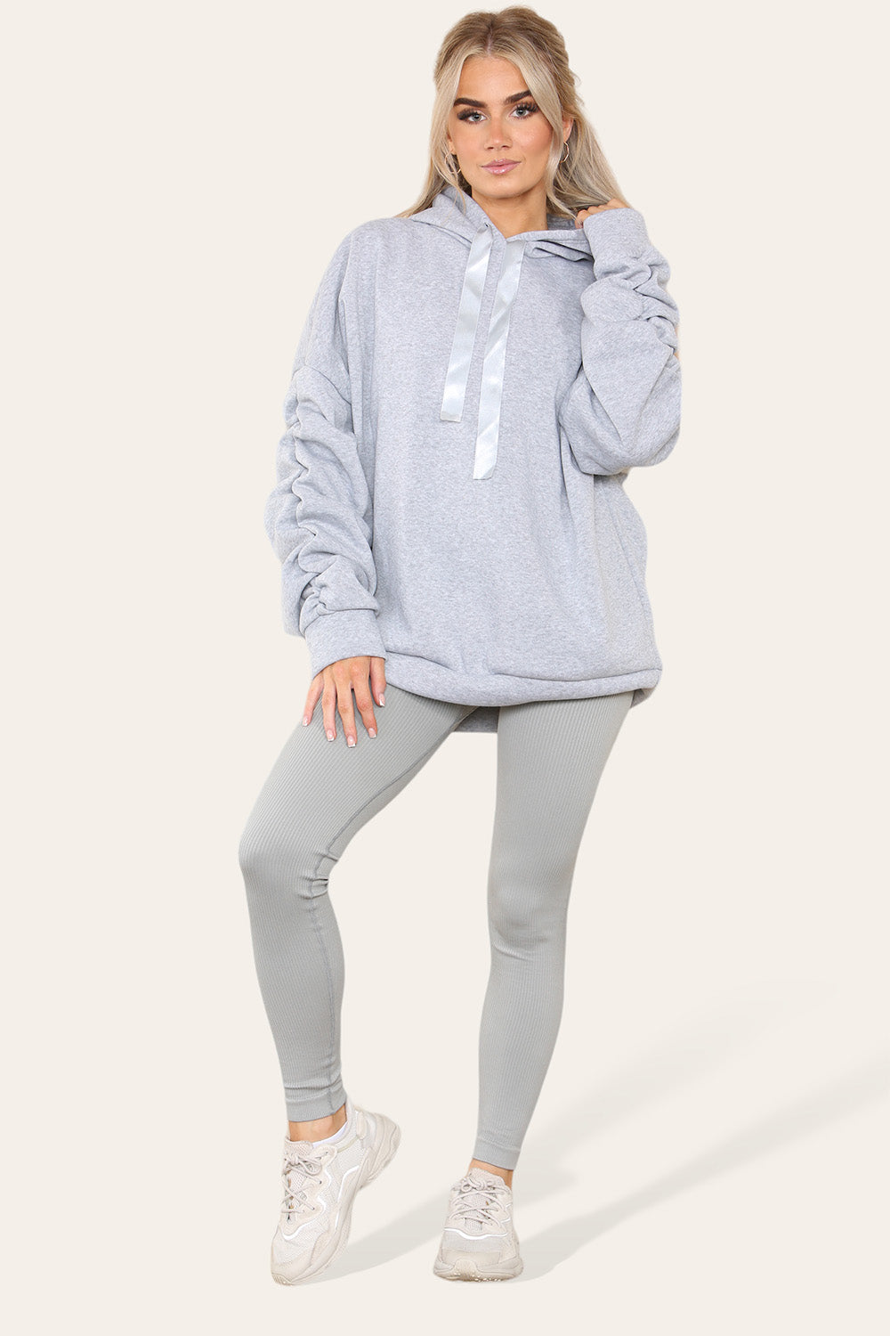 Oversized Ruched Sleeves Hoodie With Satin Ribbon with High Waist High Rise Seamless Ribbed Legging Set - AX Labels