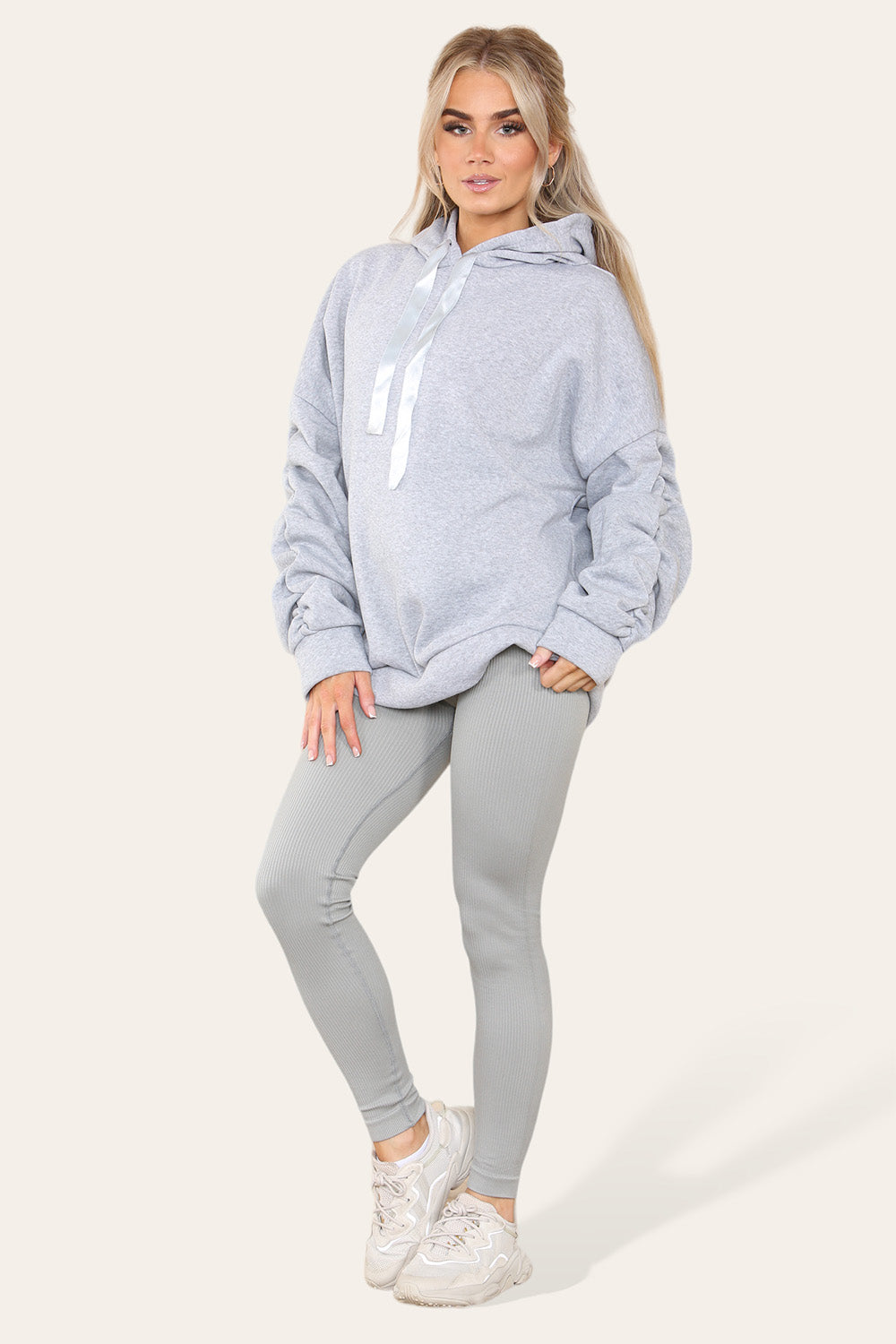 Oversized Ruched Sleeves Hoodie With Satin Ribbon with High Waist High Rise Seamless Ribbed Legging Set - AX Labels