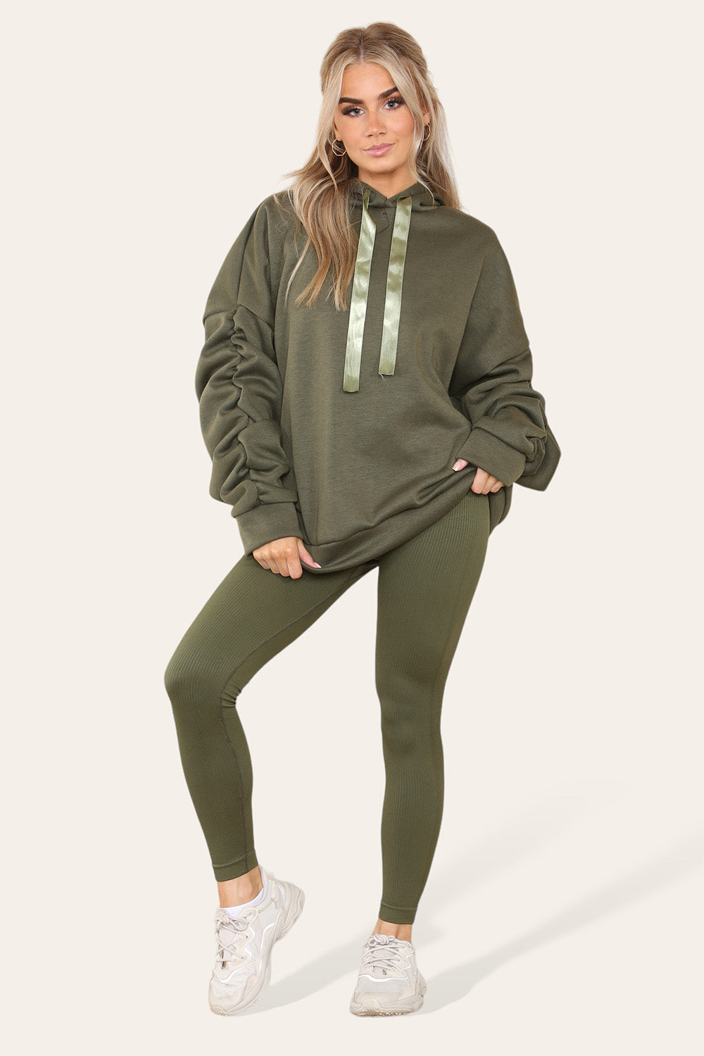 Oversized Ruched Sleeves Hoodie With Satin Ribbon with High Waist High Rise Seamless Ribbed Legging Set - AX Labels