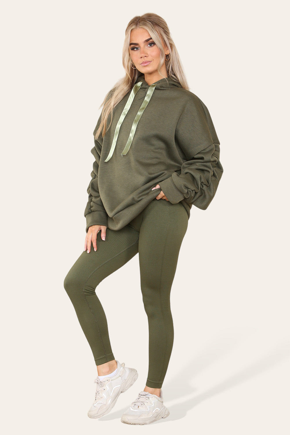 Oversized Ruched Sleeves Hoodie With Satin Ribbon with High Waist High Rise Seamless Ribbed Legging Set - AX Labels