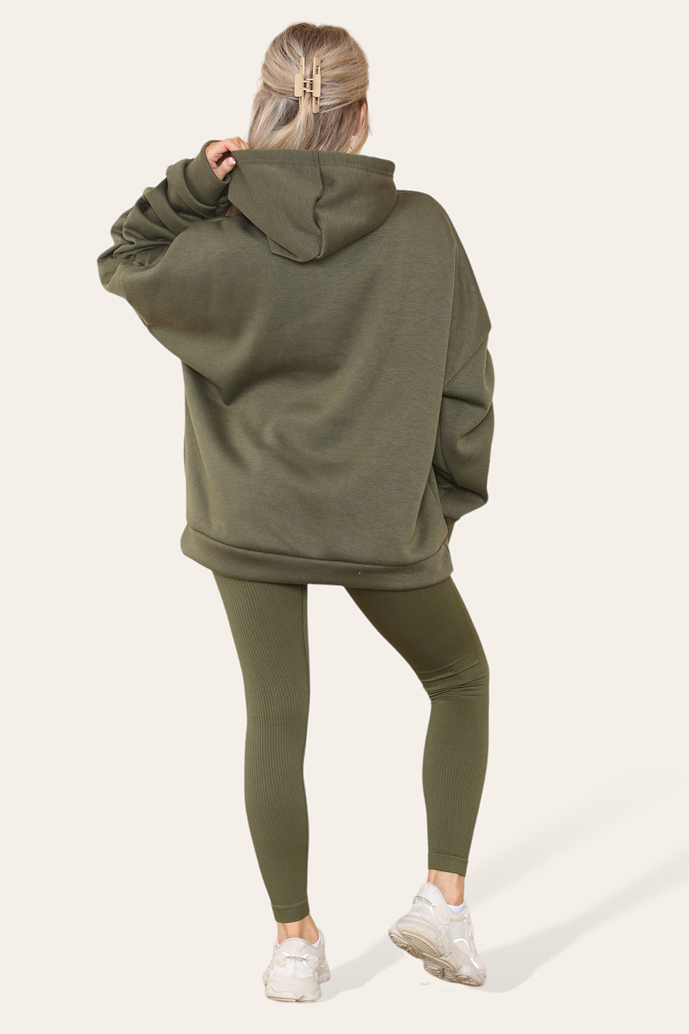 Oversized Ruched Sleeves Hoodie With Satin Ribbon with High Waist High Rise Seamless Ribbed Legging Set - AX Labels