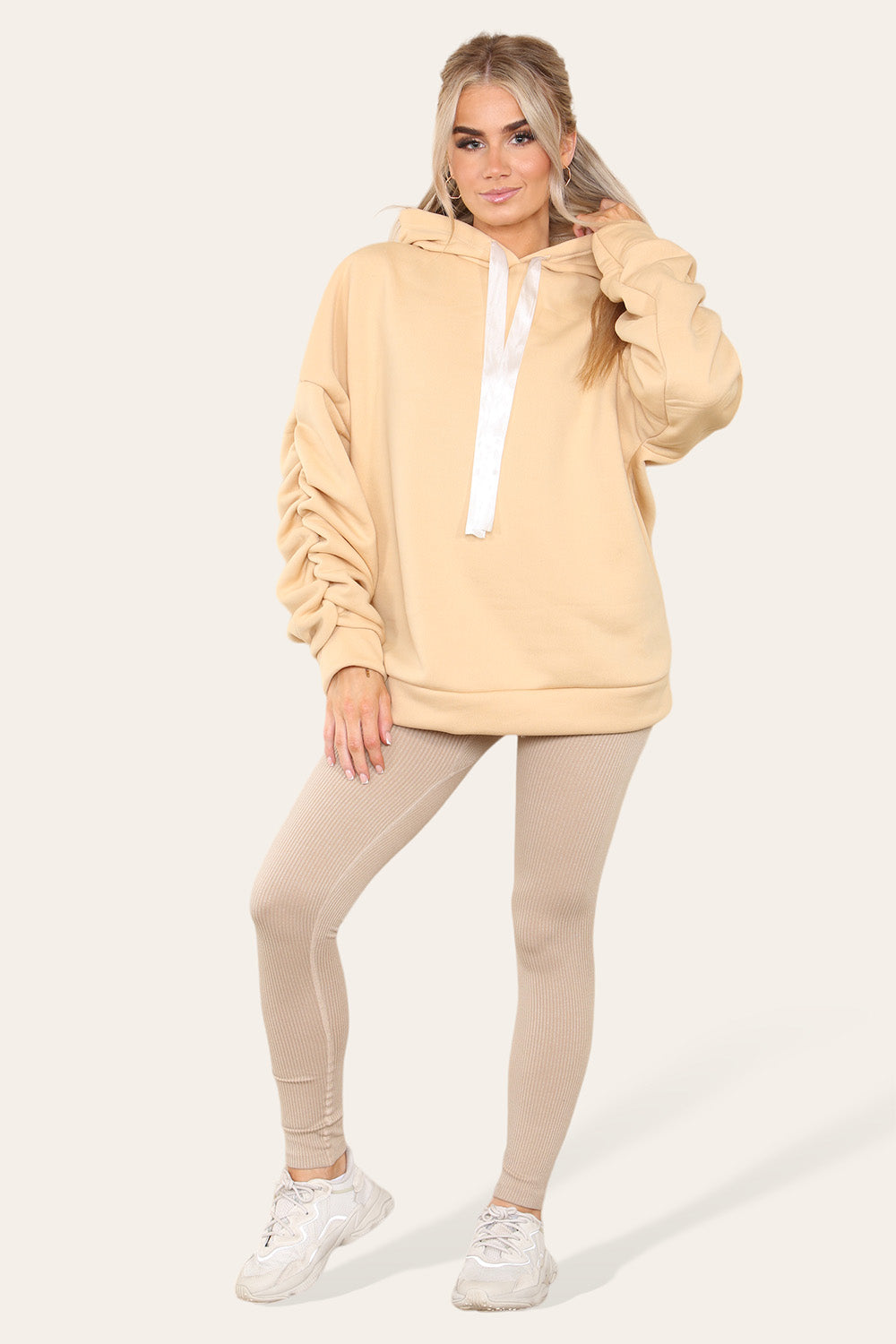 Oversized Ruched Sleeves Hoodie With Satin Ribbon with High Waist High Rise Seamless Ribbed Legging Set - AX Labels