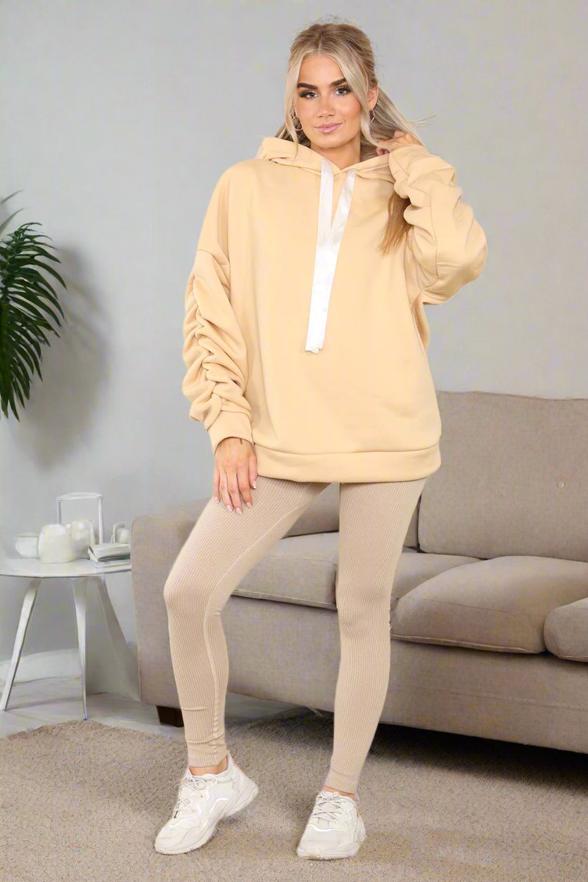 Oversized Ruched Sleeves Hoodie With Satin Ribbon with High Waist High Rise Seamless Ribbed Legging Set - AX Labels