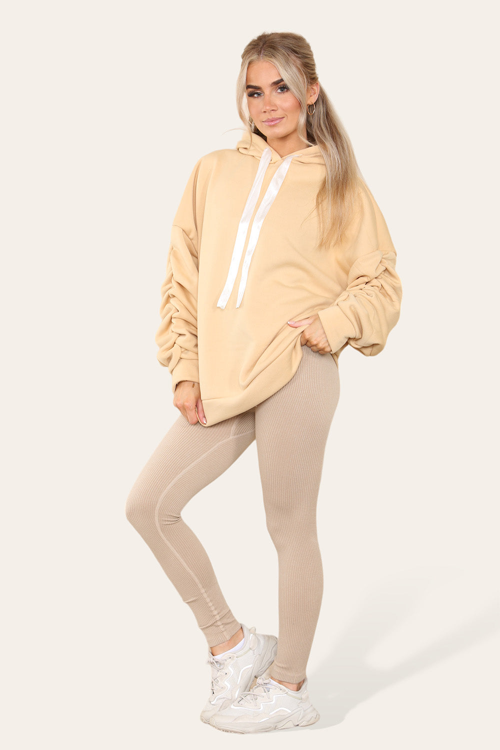 Oversized Ruched Sleeves Hoodie With Satin Ribbon with High Waist High Rise Seamless Ribbed Legging Set - AX Labels