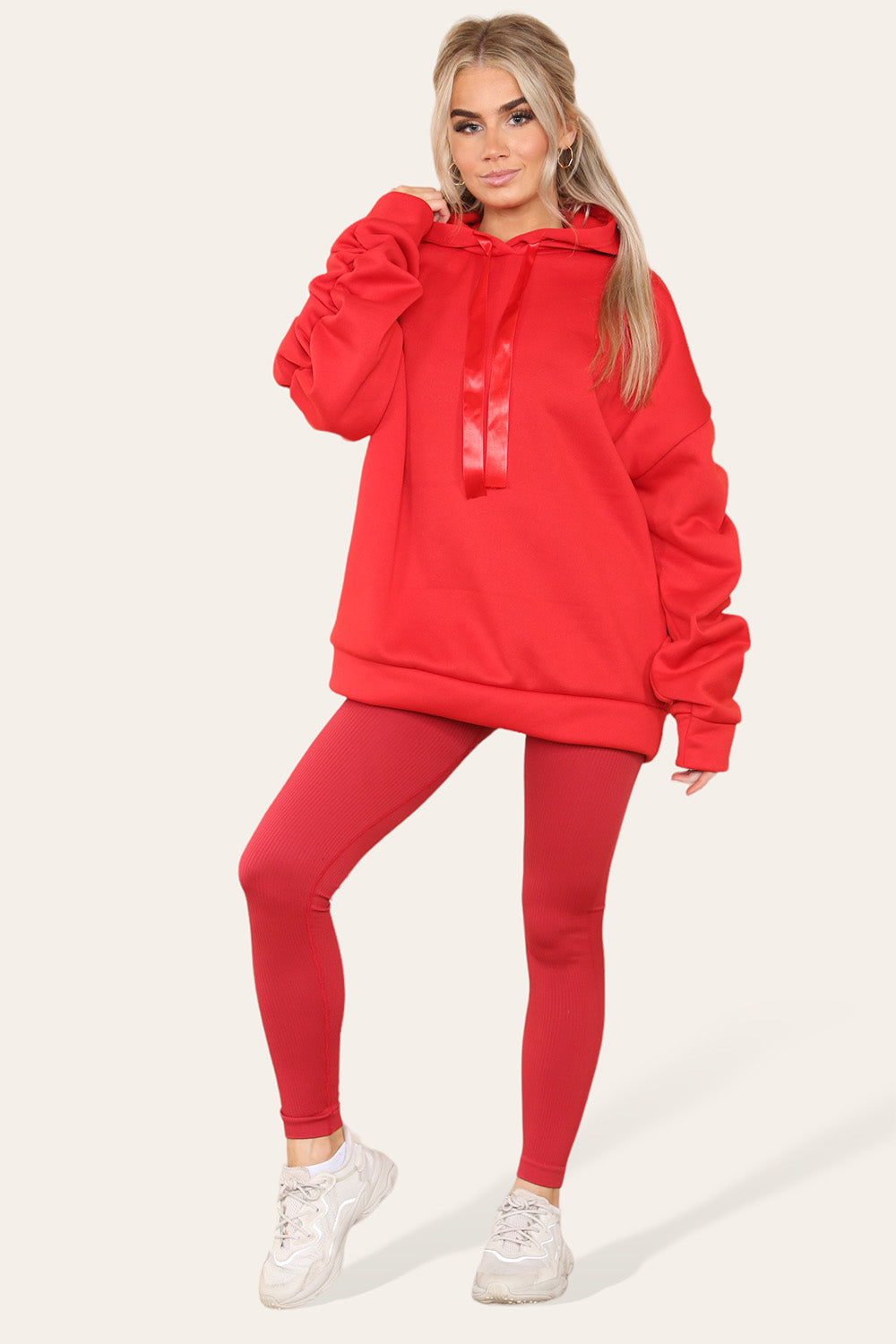 Oversized Ruched Sleeves Hoodie With Satin Ribbon with High Waist High Rise Seamless Ribbed Legging Set - AX Labels