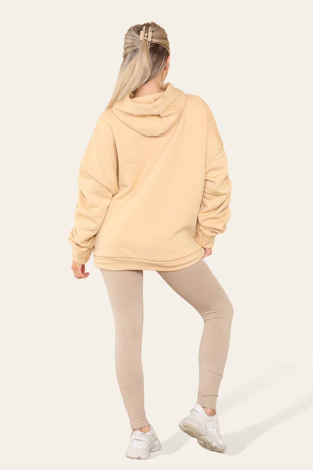 Oversized Ruched Sleeves Hoodie With Satin Ribbon with High Waist High Rise Seamless Ribbed Legging Set - AX Labels